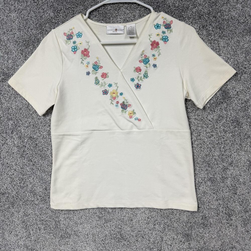 VTG 90s Preswick & Moore Top Womens PS Petite White Floral Embroidered Boho Chic